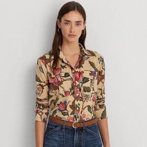 RALPH LAUREN FLORAL MOTIF COTTON VOILE SHIRT | Safari BUTTON DOWN LS Blouse | L